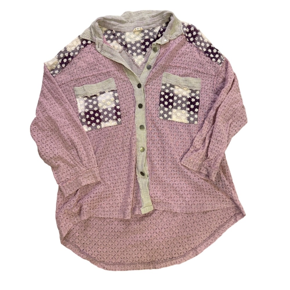 POL Lush Lovely Button Up Mauve Pink Patchwork Floral Lace Eyelet Shirt M
